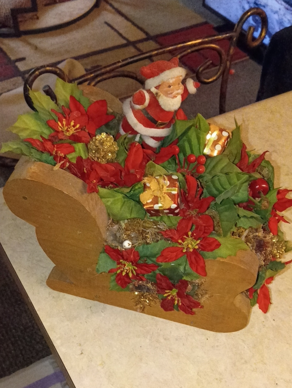 Vintage Festive Red Poinsettia Holiday Sleigh Centerpiece
